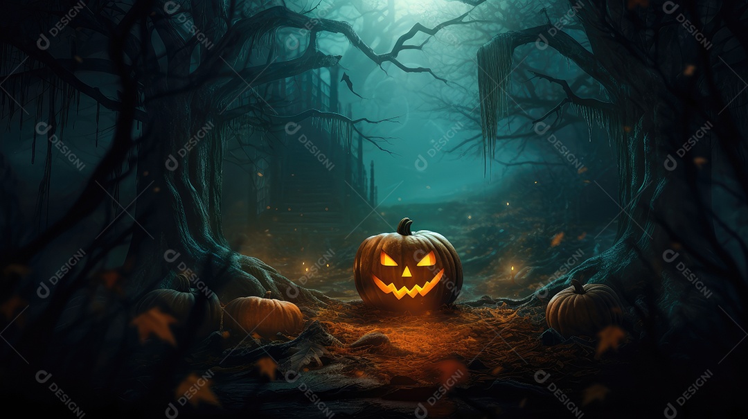 Fundo abóboras assustadoras de halloween com luzes laranjas