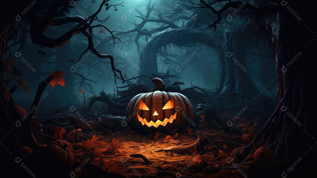 Fundo abóboras assustadoras de halloween com luzes laranjas