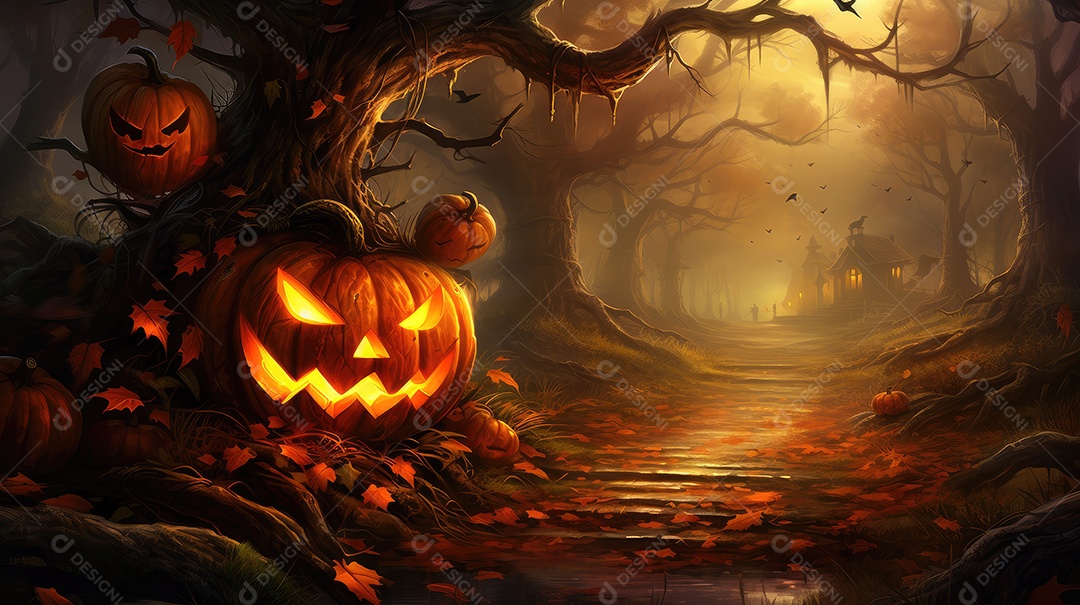 Fundo abóboras assustadoras de halloween com luzes laranjas