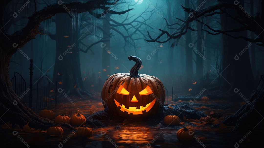 Fundo abóboras assustadoras de halloween com luzes laranjas