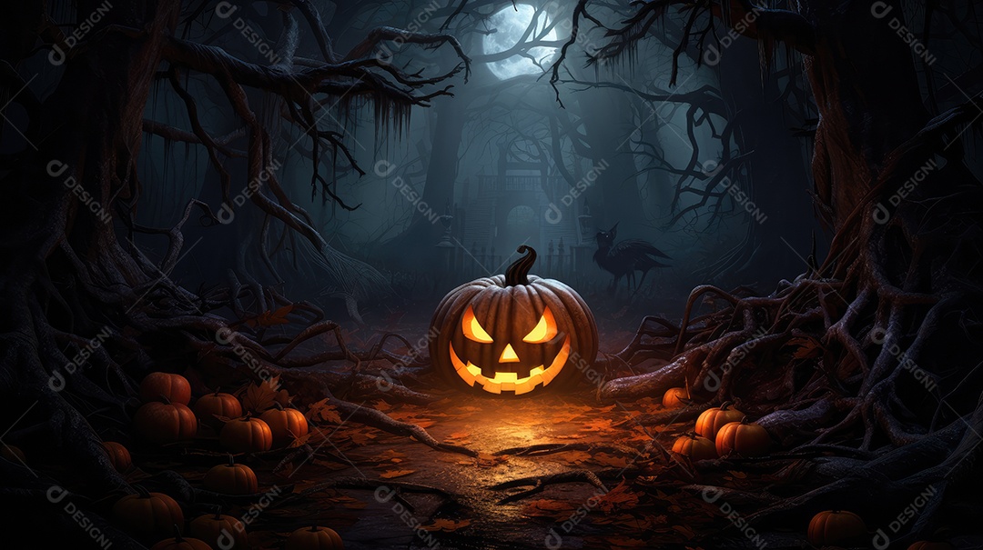 Fundo abóboras assustadoras de halloween com luzes laranjas