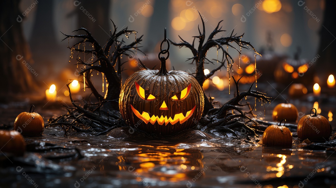 Fundo abóboras assustadoras de halloween com luzes laranjas