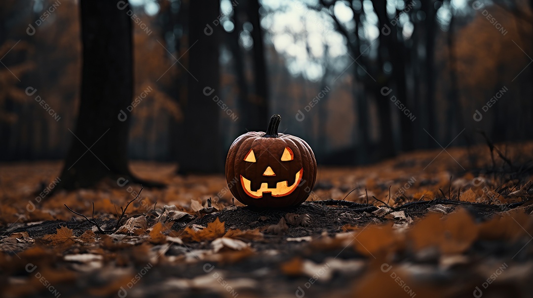 Fundo abóboras assustadoras de halloween com luzes laranjas