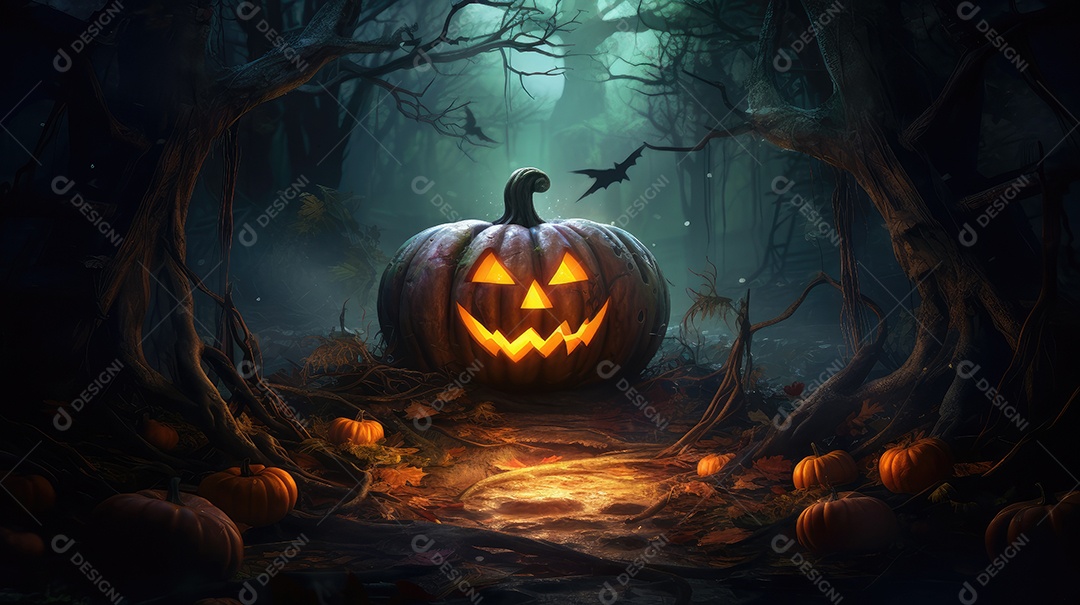 Fundo abóboras assustadoras de halloween com luzes laranjas