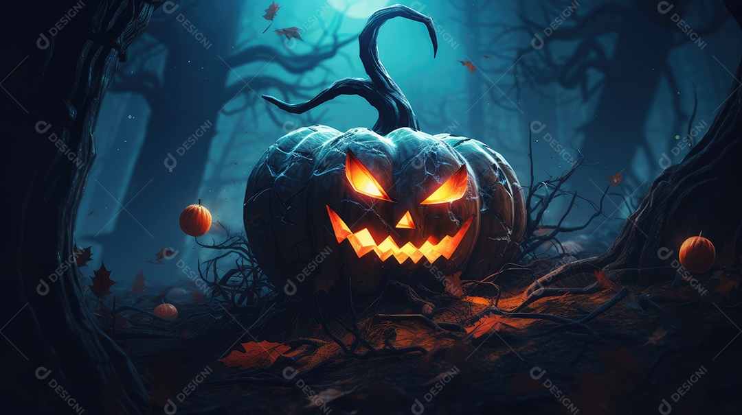 Fundo abóboras assustadoras de halloween com luzes laranjas