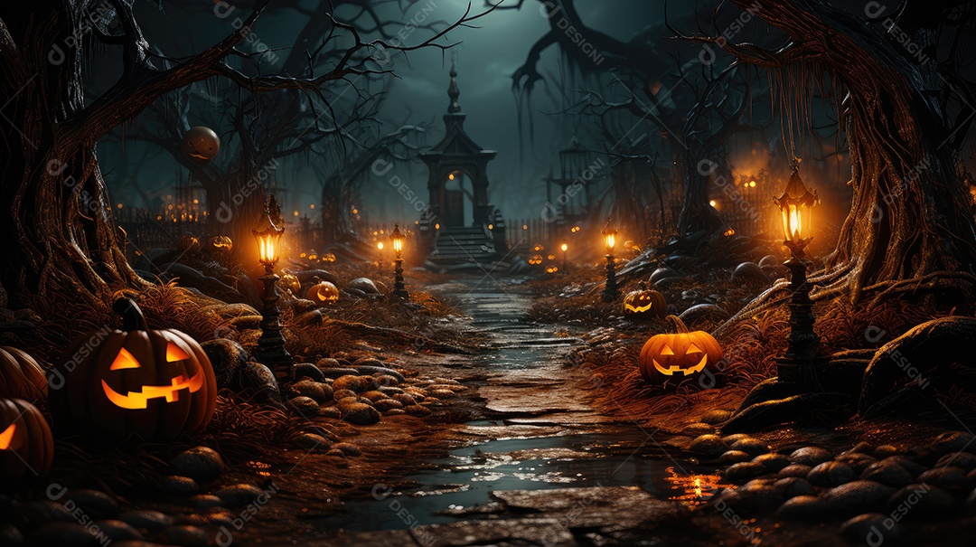 Fundo abóboras assustadoras de halloween com luzes laranjas