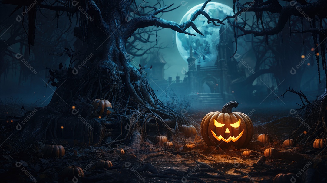 Fundo abóboras assustadoras de halloween com luzes laranjas