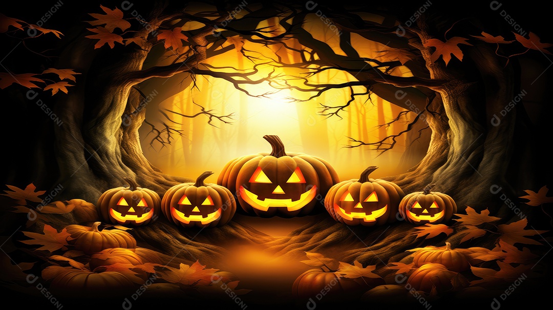 Fundo abóboras assustadoras de halloween com luzes laranjas