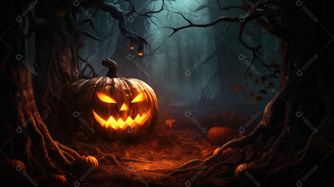 Plano de fundo abóboras assustadoras de halloween com luzes laranjas