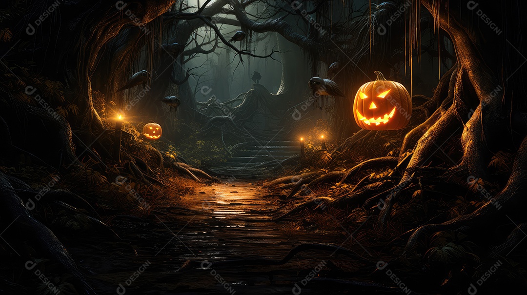 Fundo abóboras assustadoras de halloween com luzes laranjas