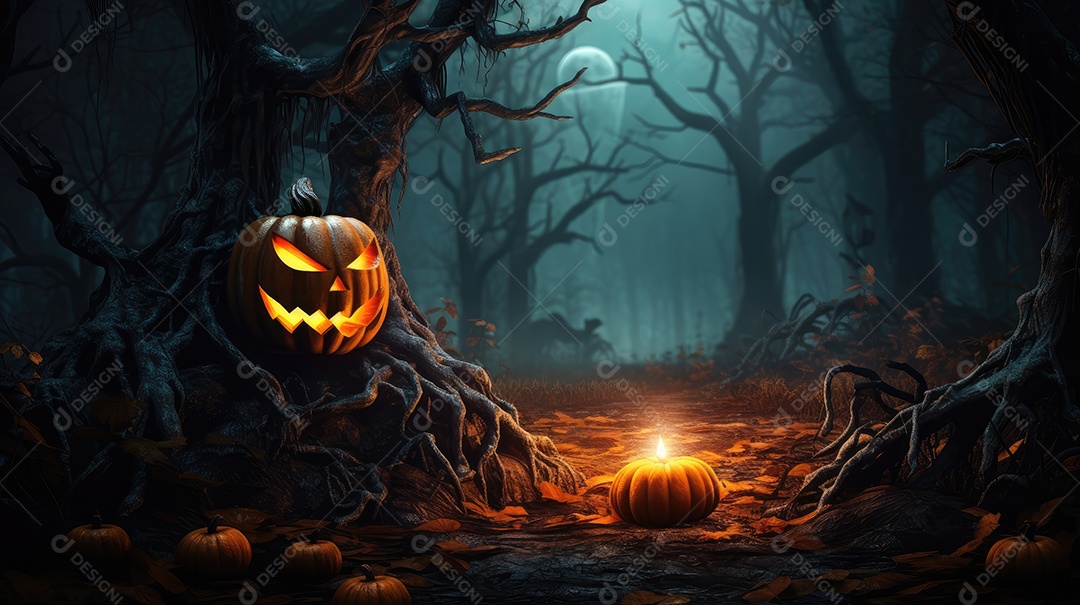 Fundo abóboras assustadoras de halloween com luzes laranjas