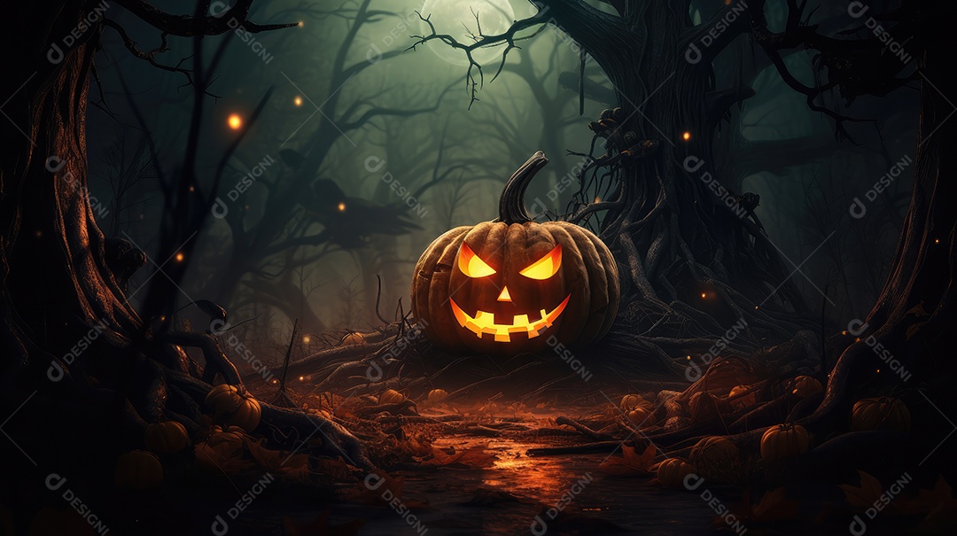 Fundo abóboras assustadoras de halloween com luzes laranjas