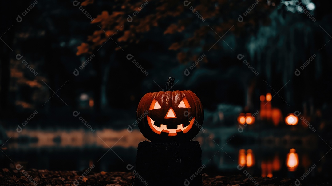 Fundo abóboras assustadoras de halloween com luzes laranjas