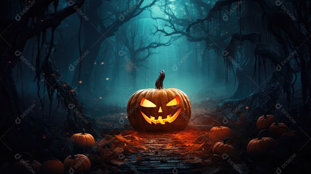 Fundo abóboras assustadoras de halloween com luzes laranjas