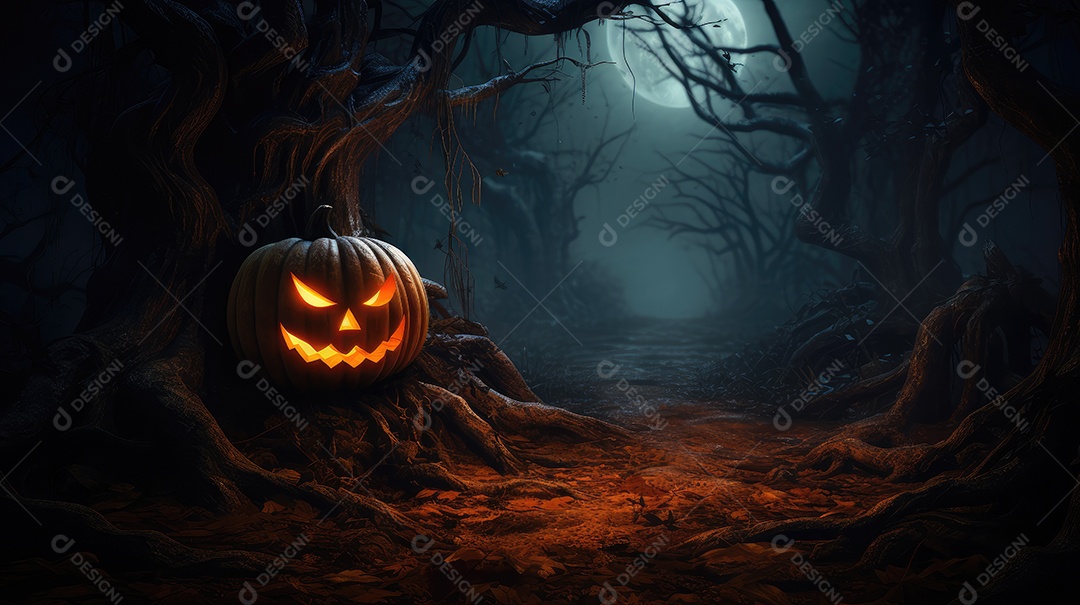 Fundo abóboras assustadoras de halloween com luzes laranjas