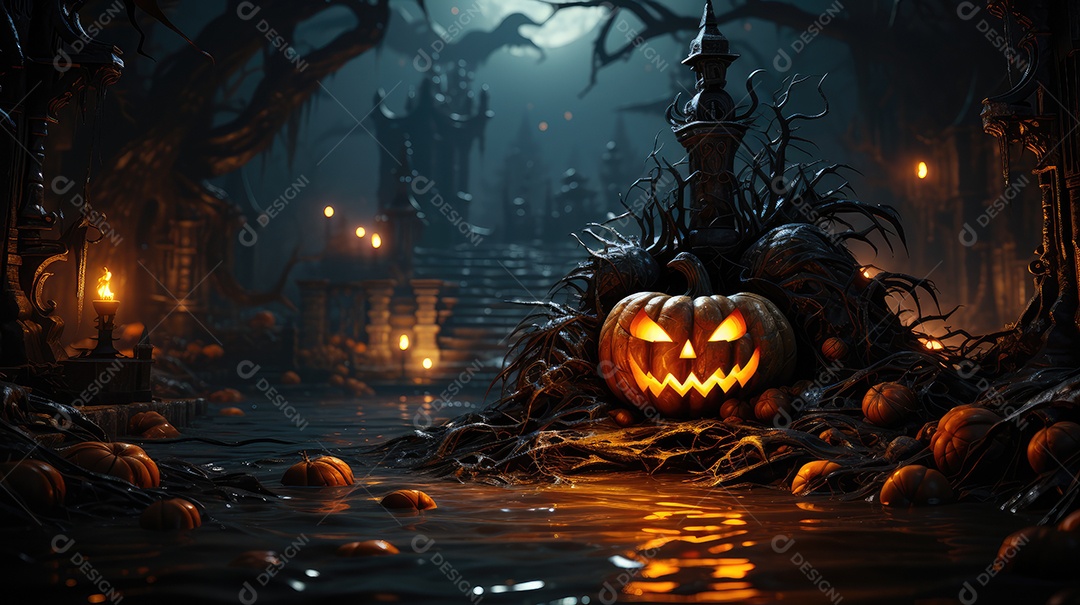 Fundo abóboras assustadoras de halloween com luzes laranjas