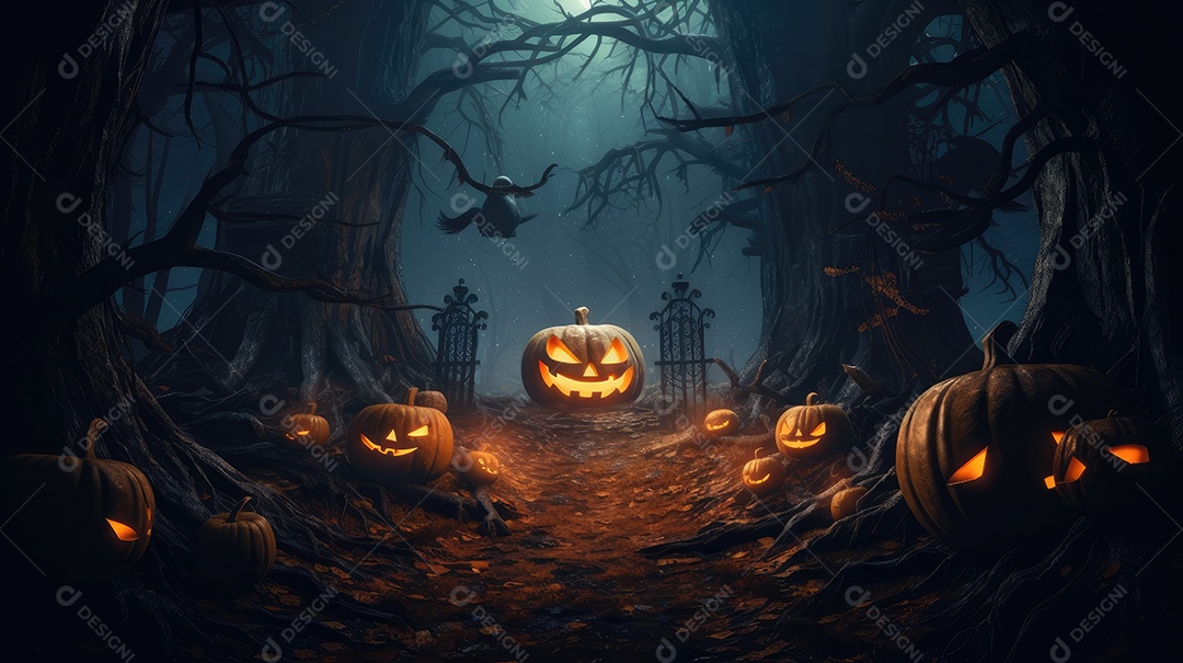 Fundo abóboras assustadoras de halloween com luzes laranjas