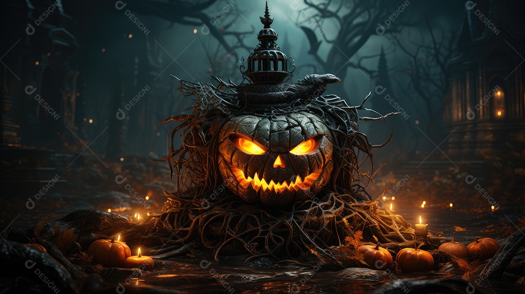 Fundo abóboras assustadoras de halloween com luzes laranjas