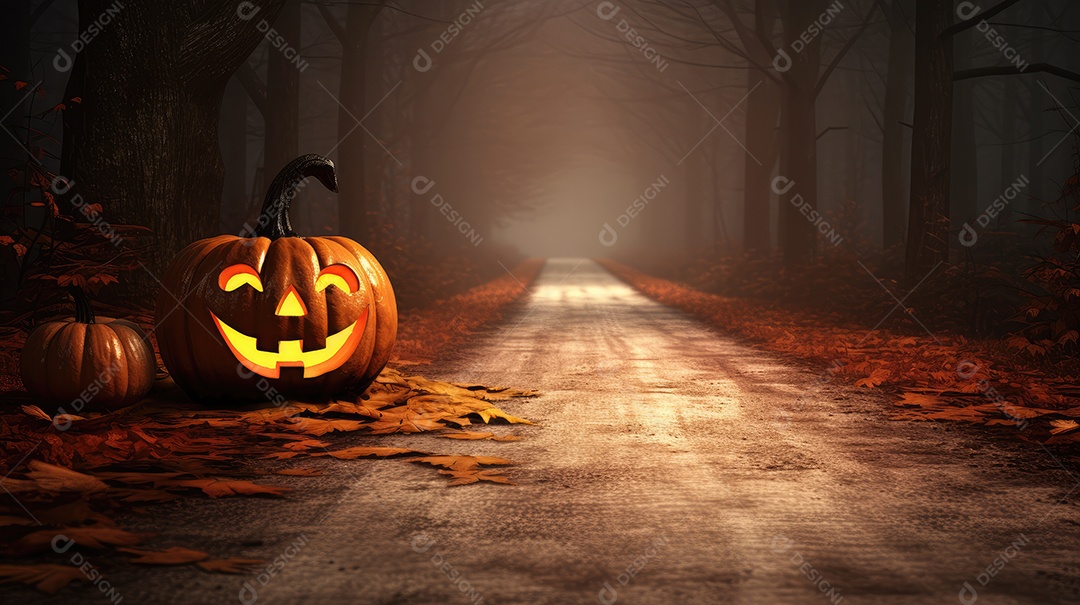 Fundo abóboras assustadoras de halloween com luzes laranjas