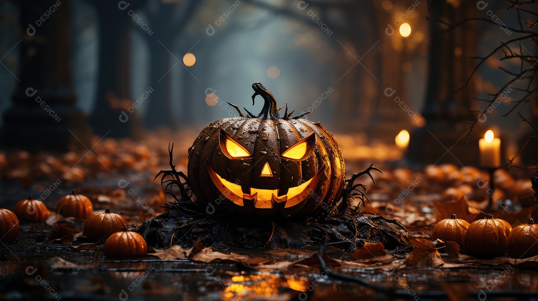 Fundo abóboras assustadoras de halloween com luzes laranjas