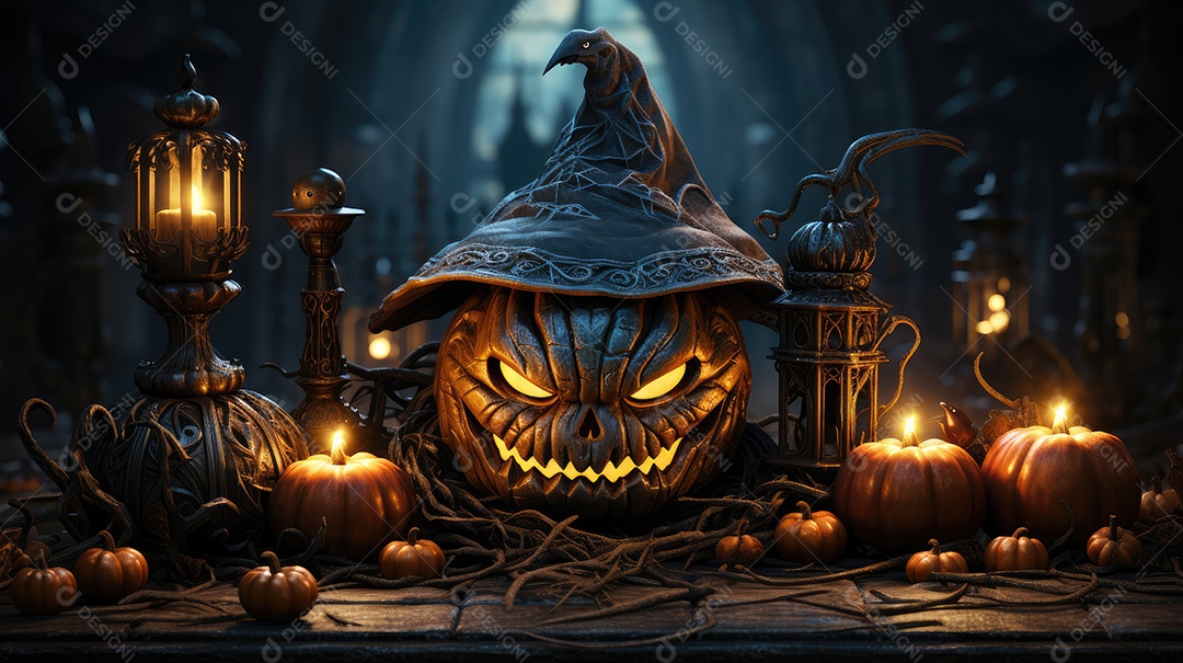 Fundo abóboras assustadoras de halloween com luzes laranjas