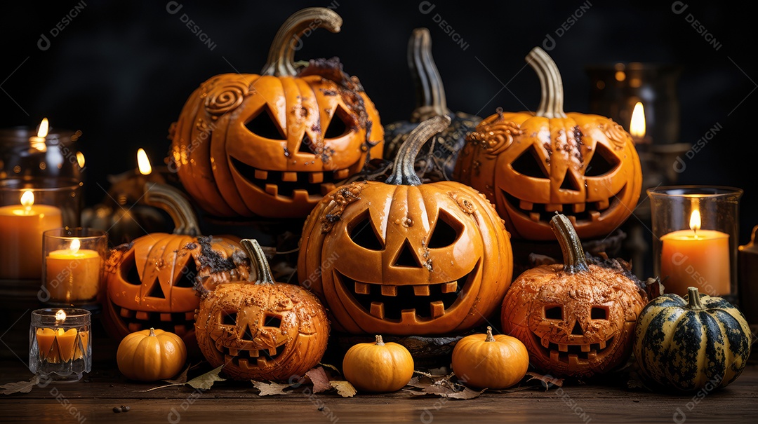 Plano de fundo abóboras assustadoras de halloween com luzes laranjas