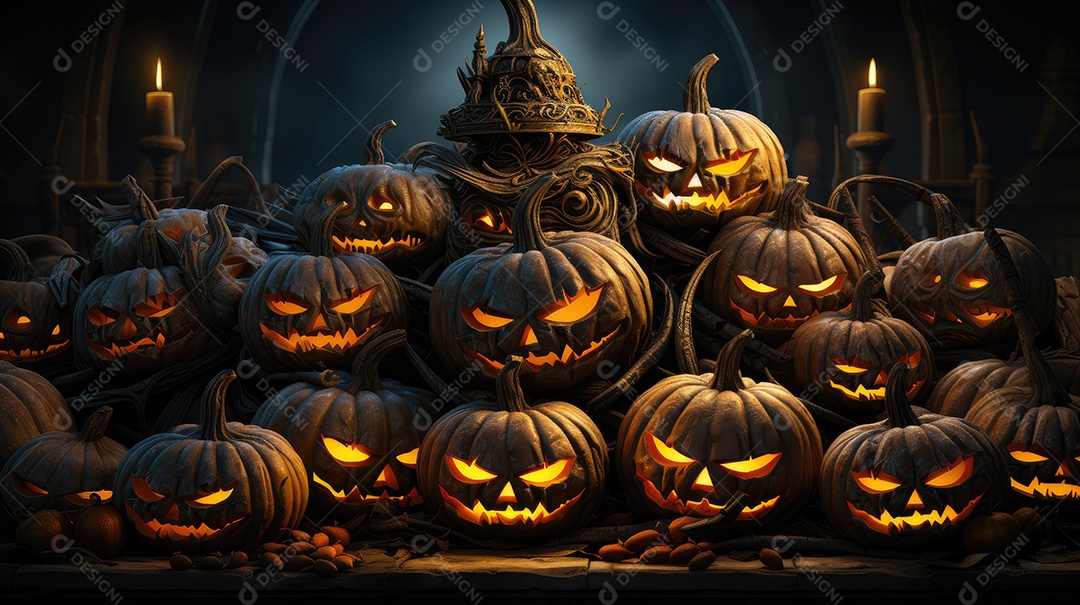 Plano de fundo abóboras assustadoras de halloween com luzes laranjas