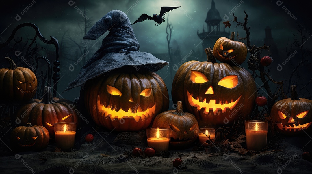 Plano de fundo abóboras assustadoras de halloween com luzes laranjas