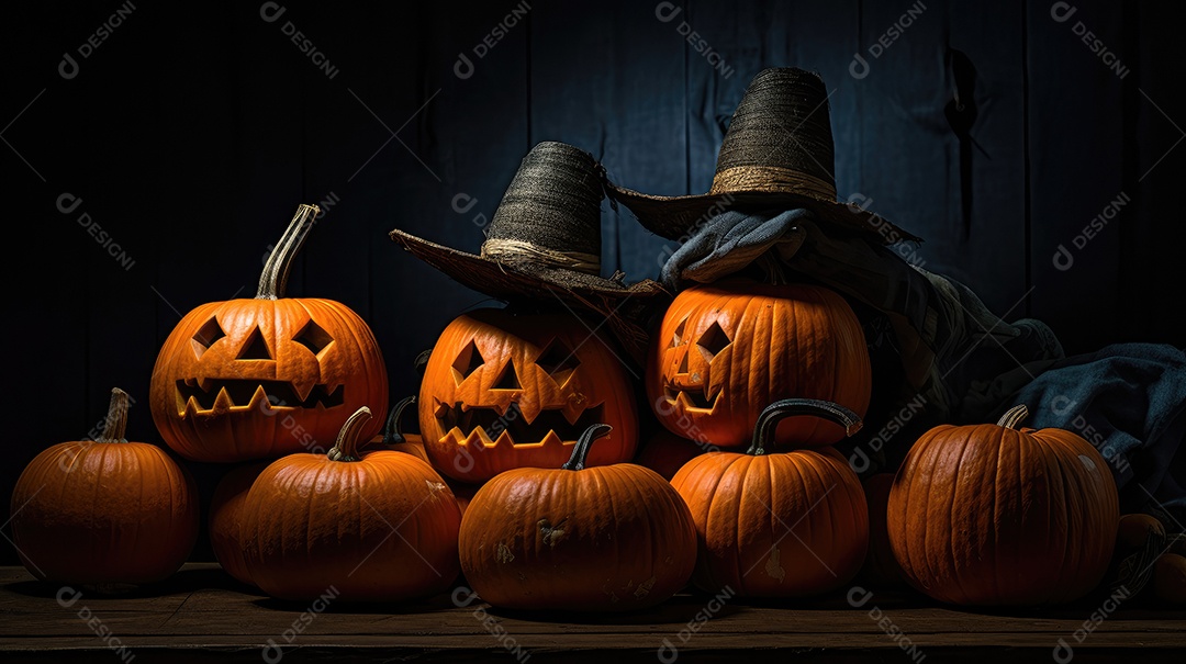 Plano de fundo abóboras assustadoras de halloween com luzes laranjas