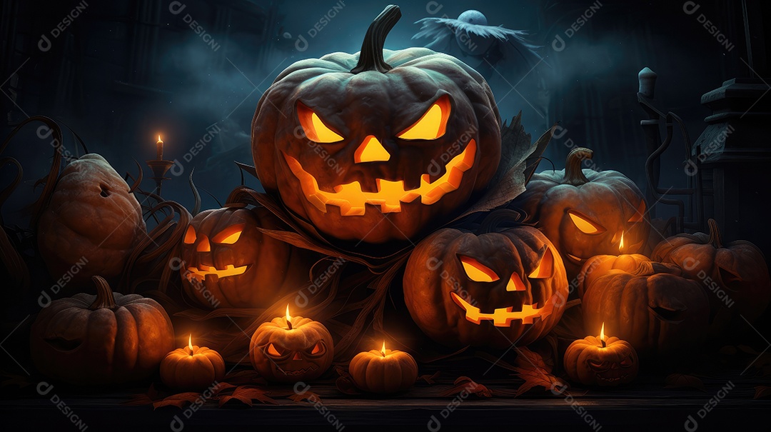 Plano de fundo abóboras assustadoras de halloween com luzes laranjas