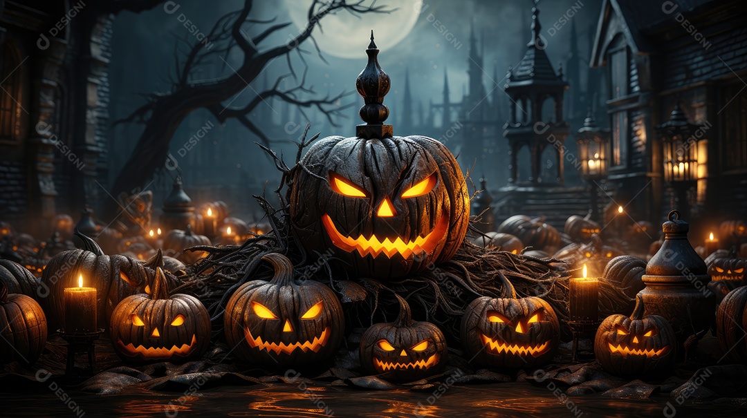 Plano de fundo abóboras assustadoras de halloween com luzes laranjas