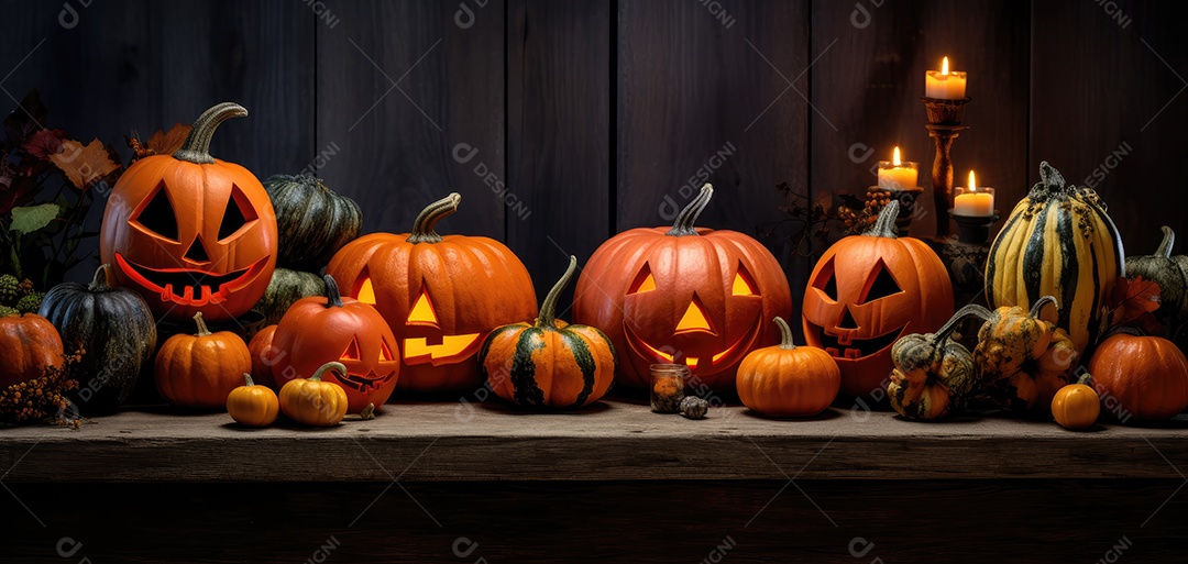 Plano de fundo abóboras assustadoras de halloween com luzes laranjas