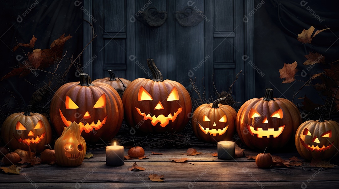 Plano de fundo abóboras assustadoras de halloween com luzes laranjas