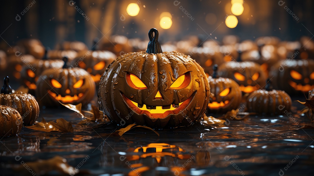 Plano de fundo abóboras assustadoras de halloween com luzes laranjas