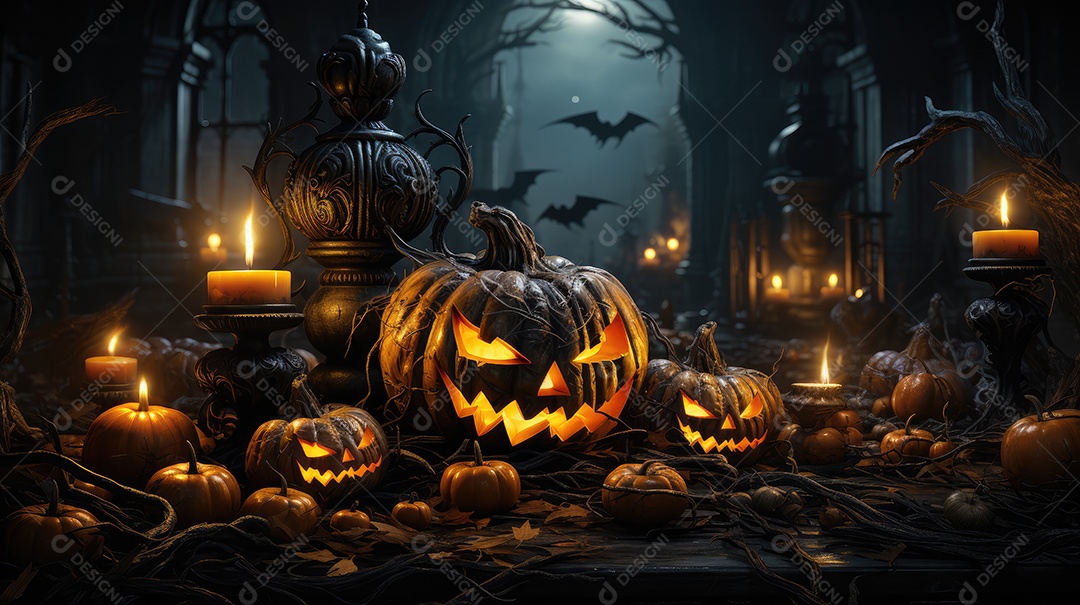 Plano de fundo abóboras assustadoras de halloween com luzes laranjas