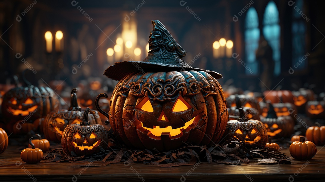 Plano de fundo abóboras assustadoras de halloween com luzes laranjas