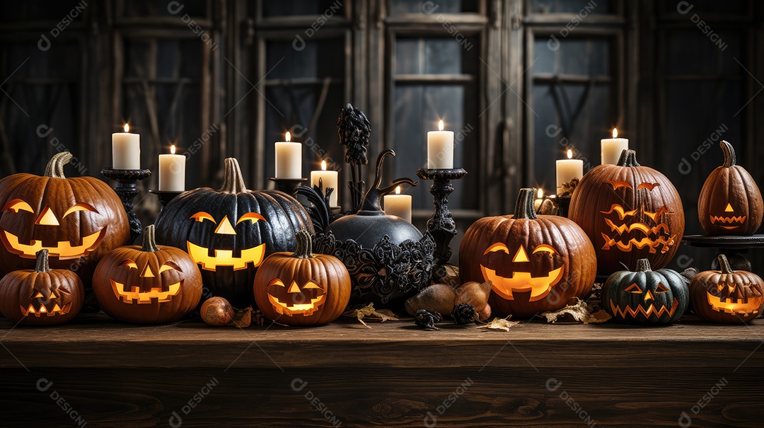 Plano de fundo abóboras assustadoras de halloween com luzes laranjas