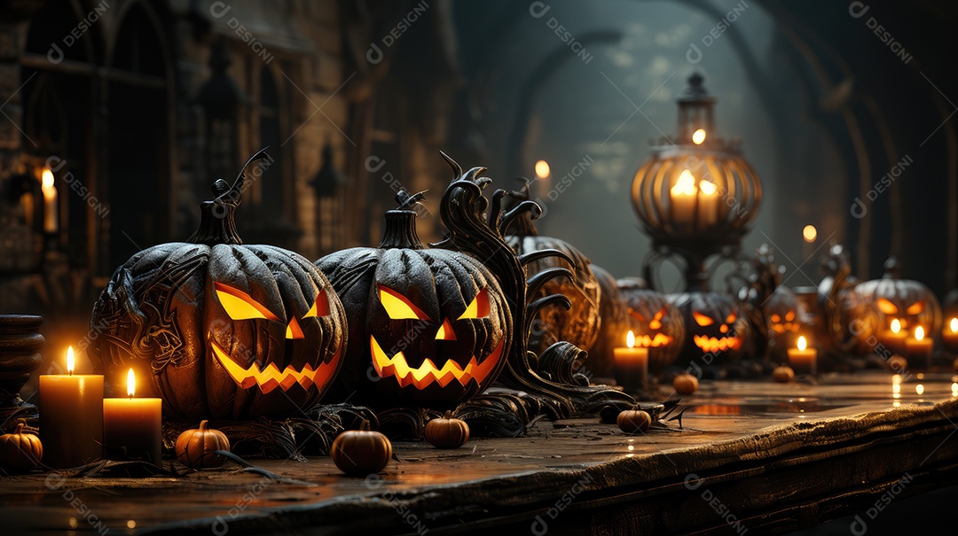 Plano de fundo abóboras assustadoras de halloween com luzes laranjas