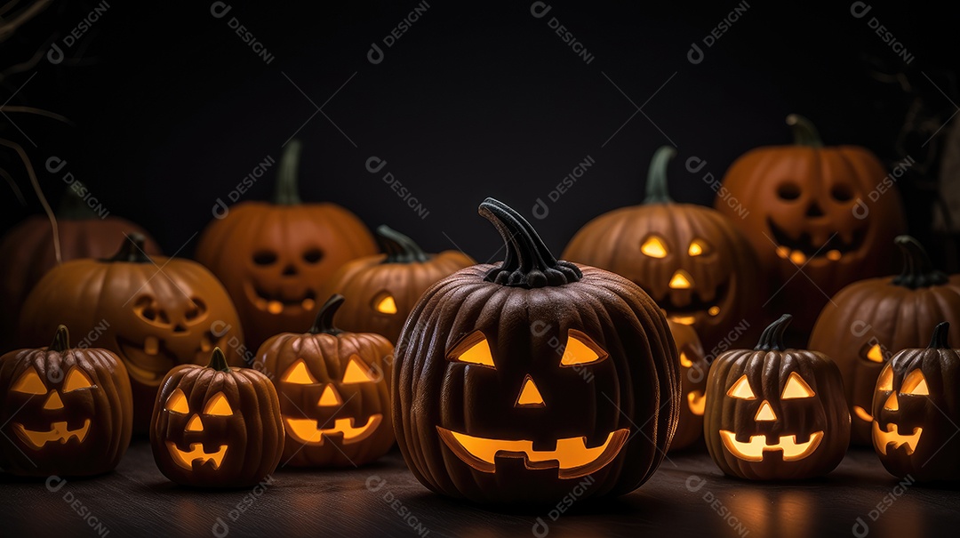 Plano de fundo abóboras assustadoras de halloween com luzes laranjas
