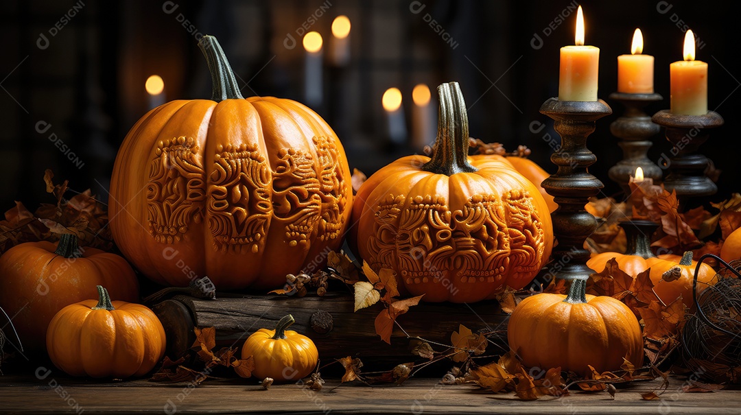 Plano de fundo abóboras assustadoras de halloween com luzes laranjas