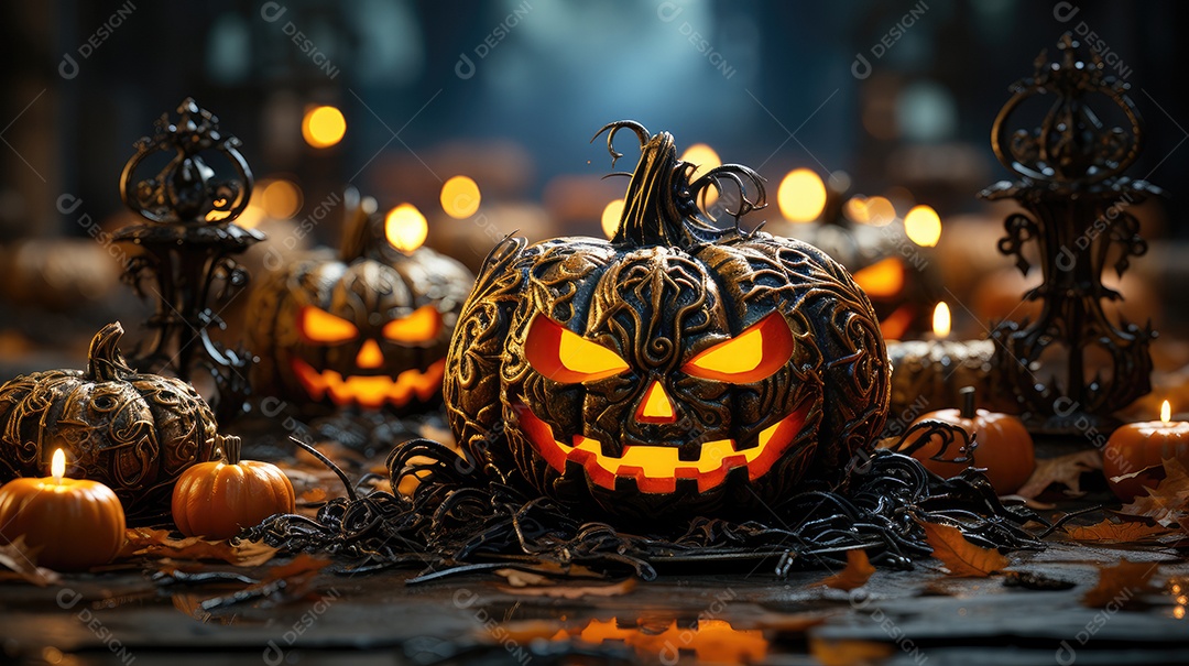 plano de fundo abóboras assustadoras de halloween com luzes laranjas86