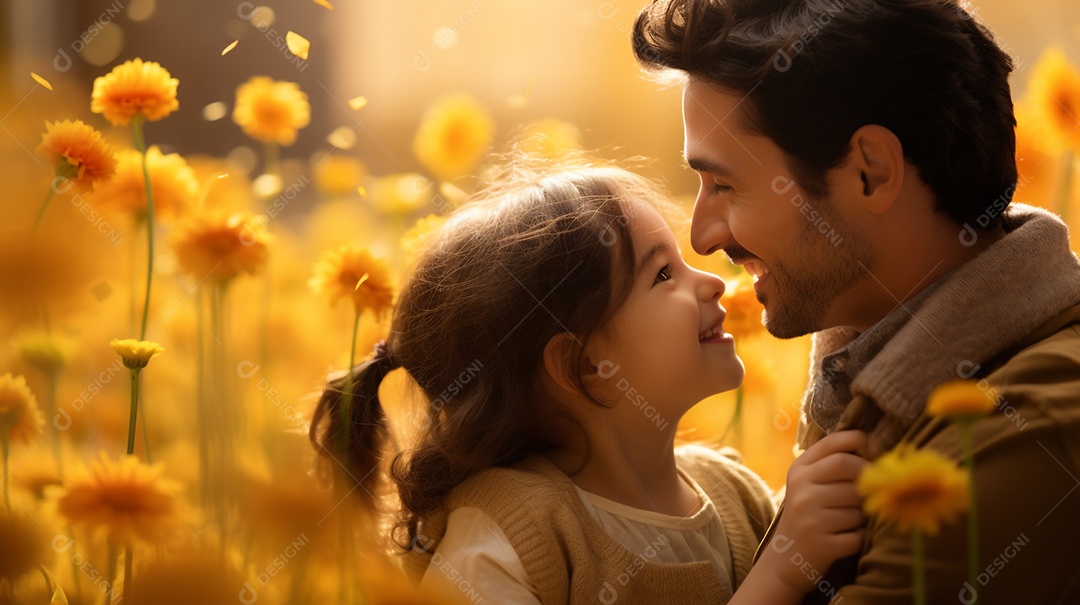 Pai e filha sorridentes em campo de flores