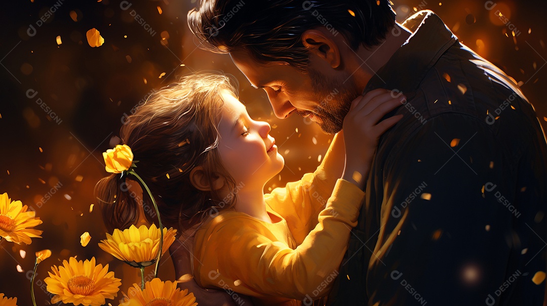 Pai e filha sorridentes em campo de flores