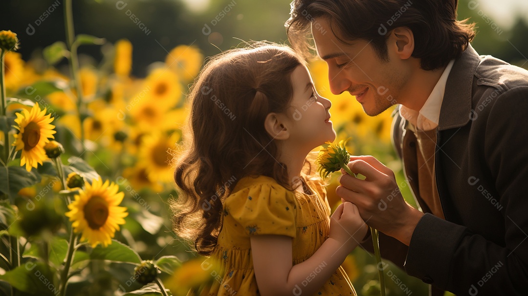 Pai e filha sorridentes em campo de flores