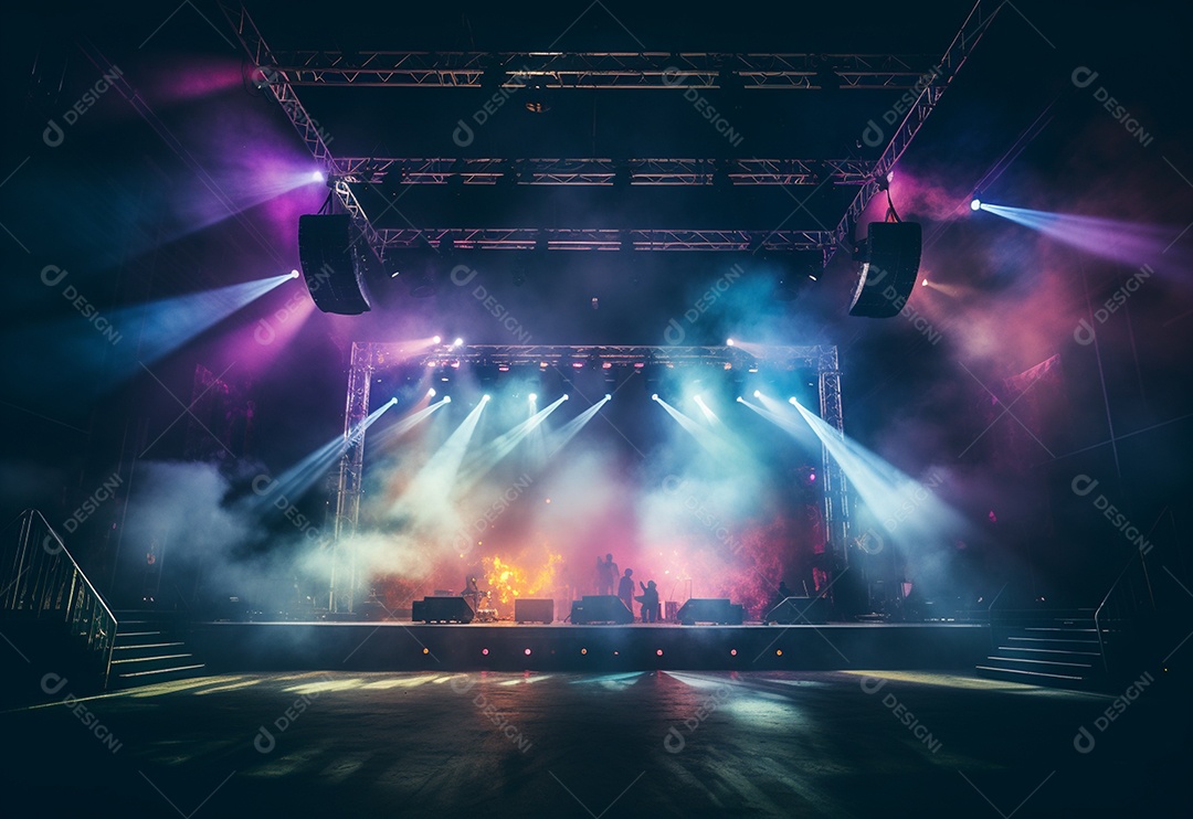 Cenário de palco de concerto fotográfico com luz colorida de holofotes