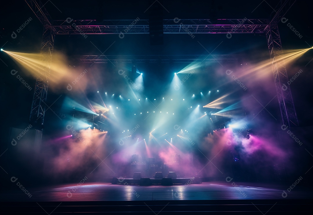 Cenário de palco de concerto fotográfico com luz colorida de holofotes
