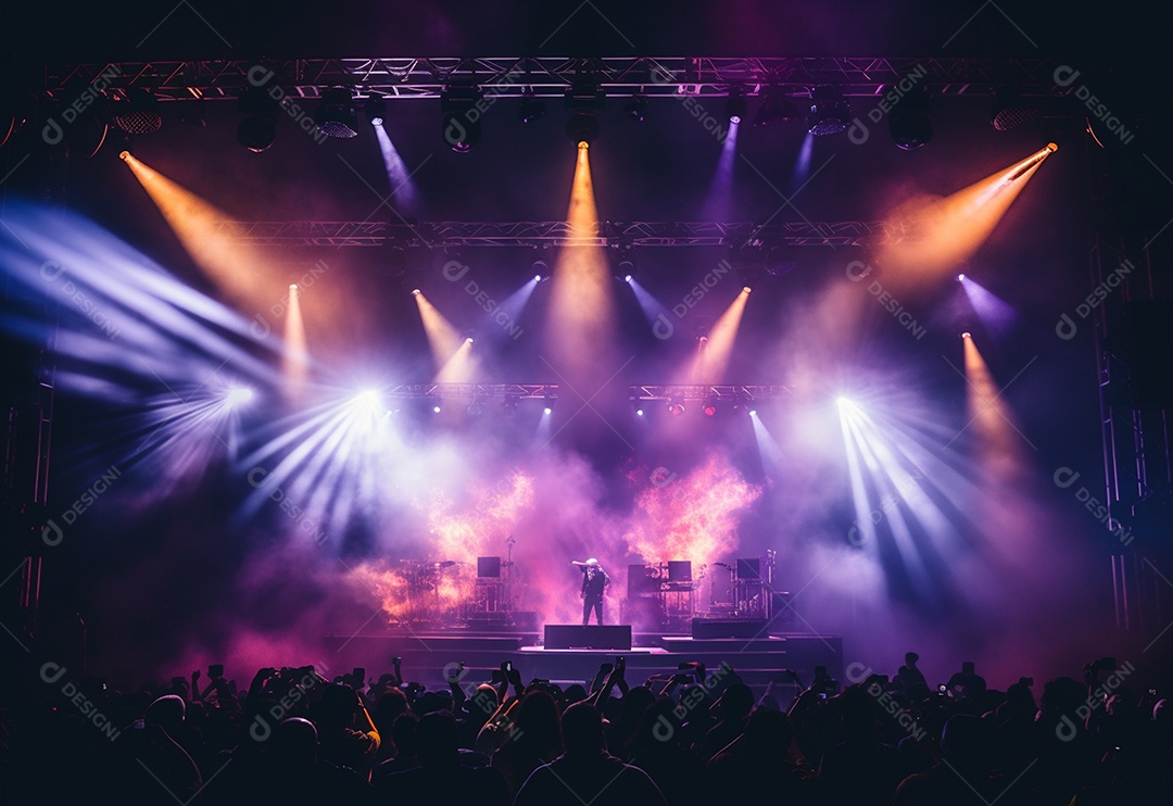 Cenário de palco de concerto fotográfico com luz colorida de holofotes