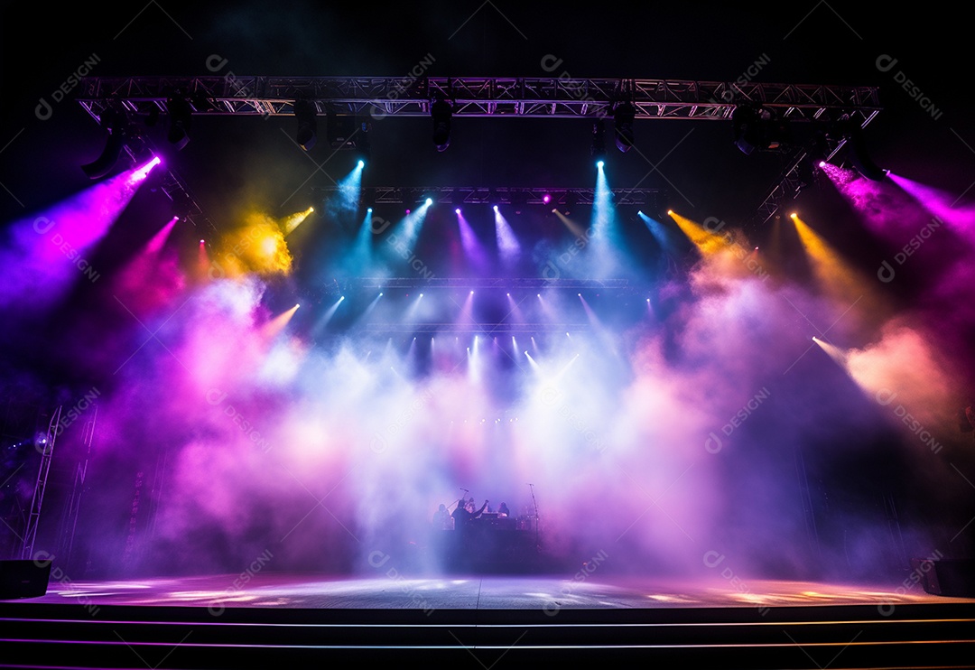 Cenário de palco de concerto fotográfico com luz colorida de holofotes
