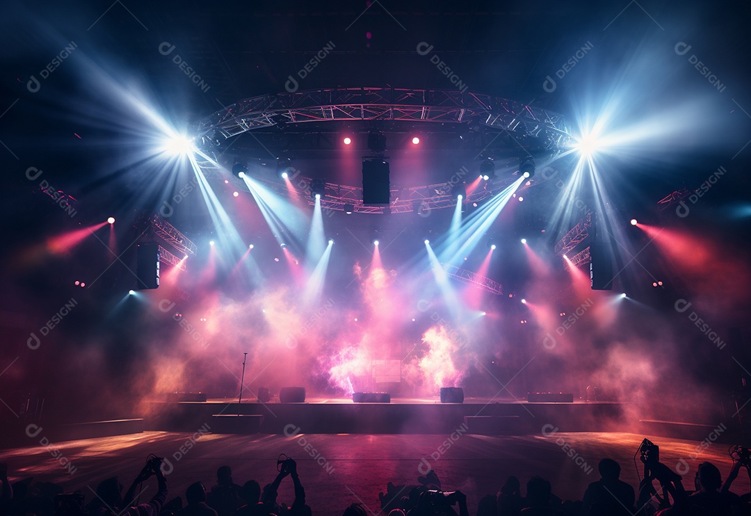 Cenário de palco de concerto fotográfico com luz colorida de holofotes