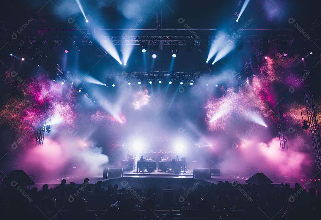Cenário de palco de concerto fotográfico com luz colorida de holofotes